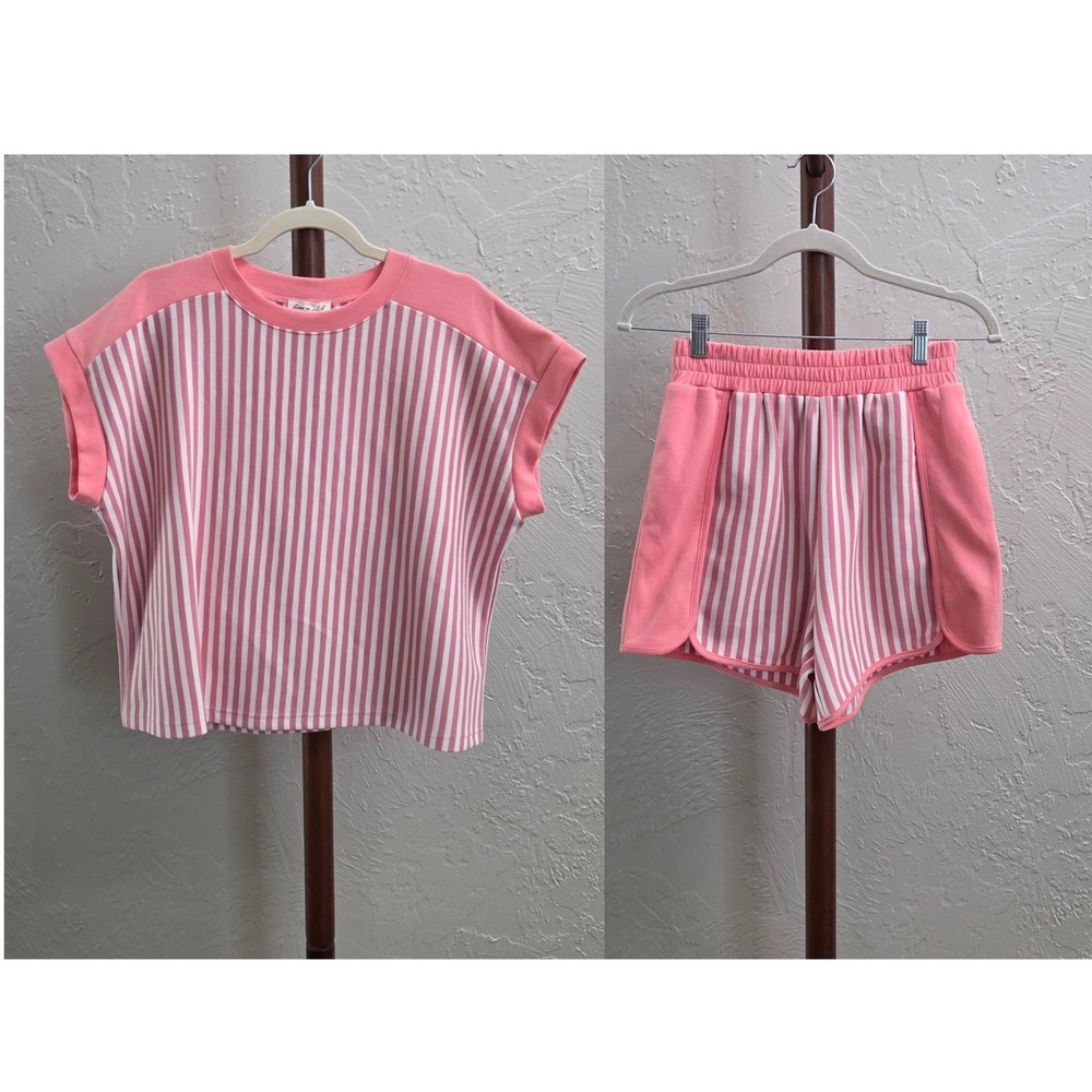 ST113. Women's Pink Striped Top And Shorts Set
